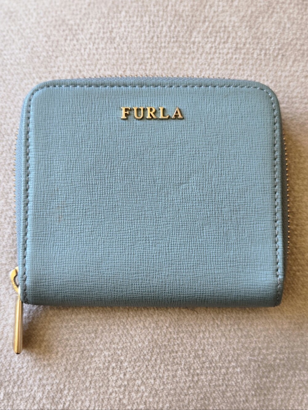Furla Saffiano Celestial Blue Zip-Around Leather Card Holder with Gold Logo